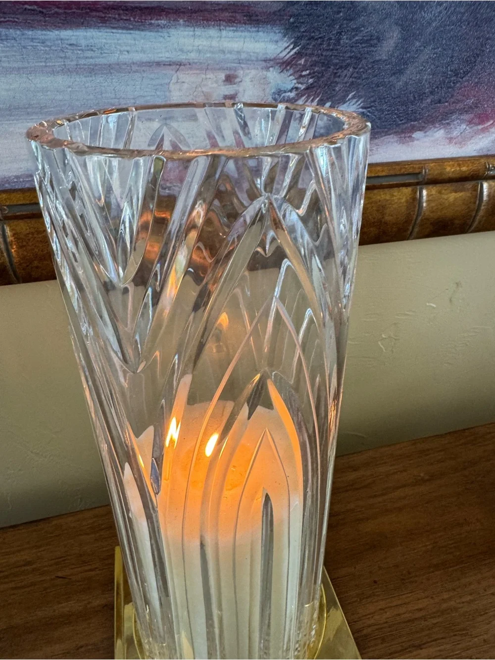 Crystal Cut Glass Hurricane Candle Holder with White LED Candle